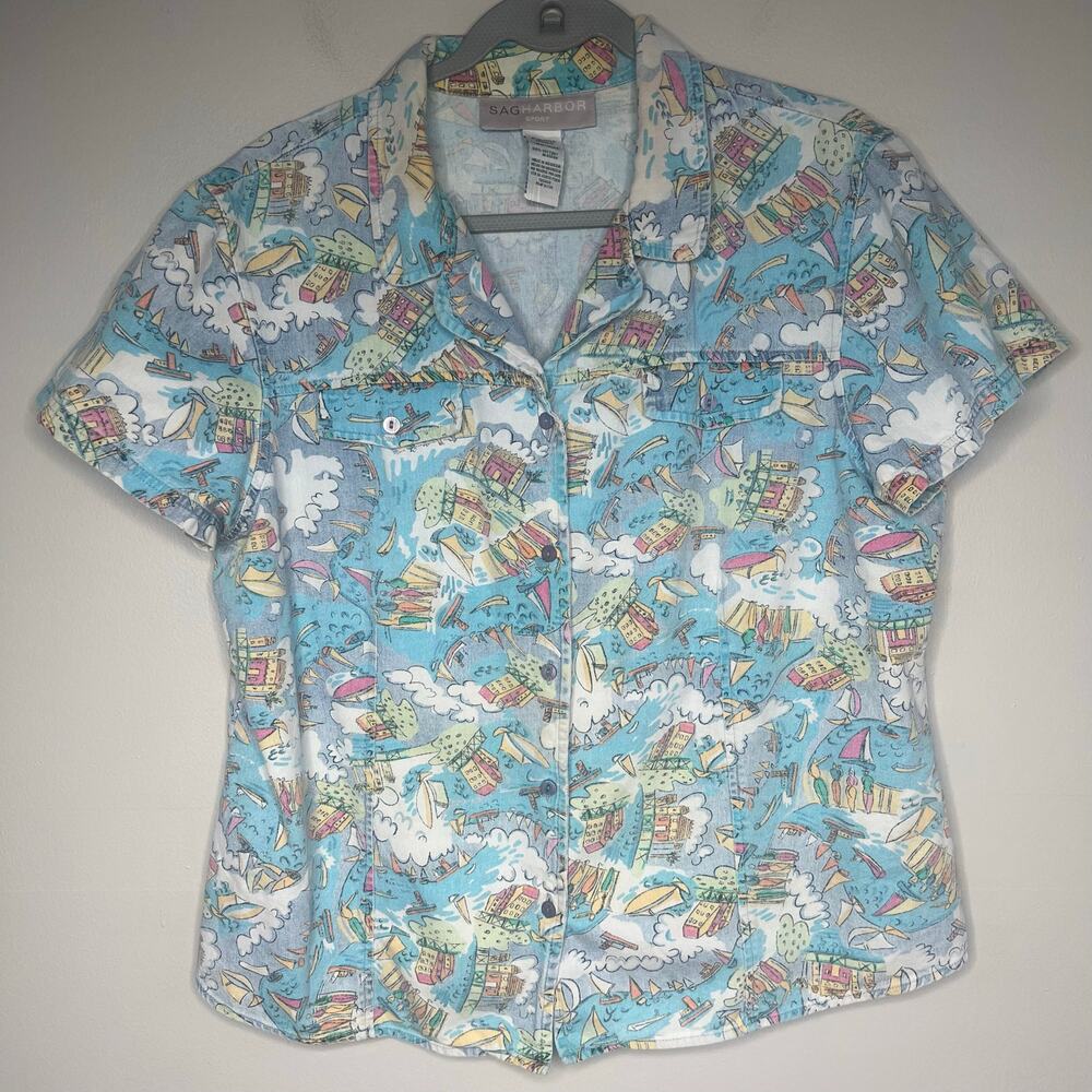 VTG Sag Harbor Nautical Print Short-Sleeved Button Up Shirt Women's L Sailboats